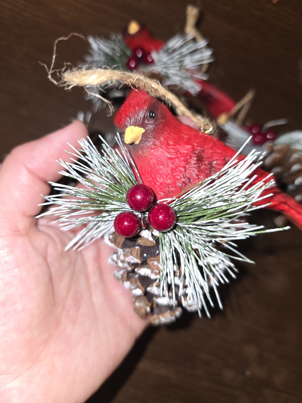 4 Red Cardinals On Pincone Christmas Ornaments
